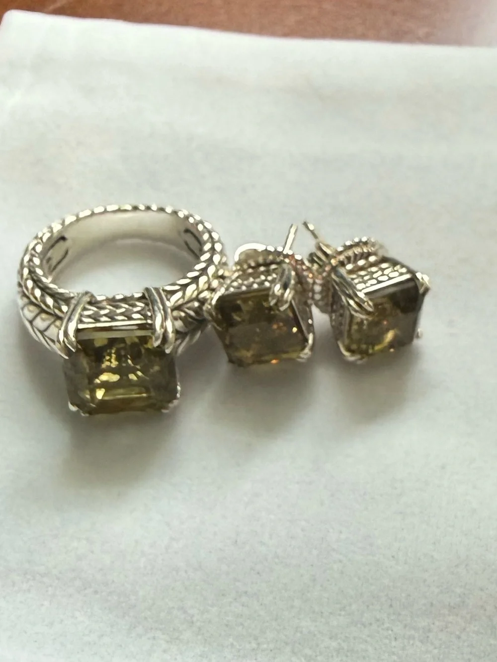JAI Sterling Silver Asscher Cut Olive Quartz Ring & Earring Set, size 5